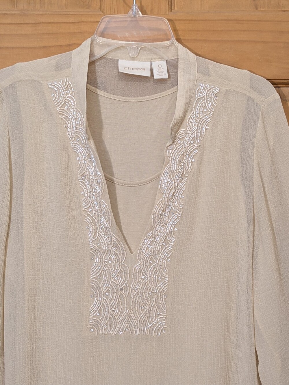 Chico's Drama Embellished Tunic Cashew Cream Beige LS Blouse Sz 0/Sm Boho Flowy - Picture 2 of 16